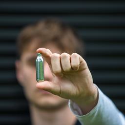 Junger Mann hält eine Lachgas-Kartusche