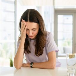 Gestresste Frau mit dem Kopf in der Hand lehnt sich zu Hause an den Tisch